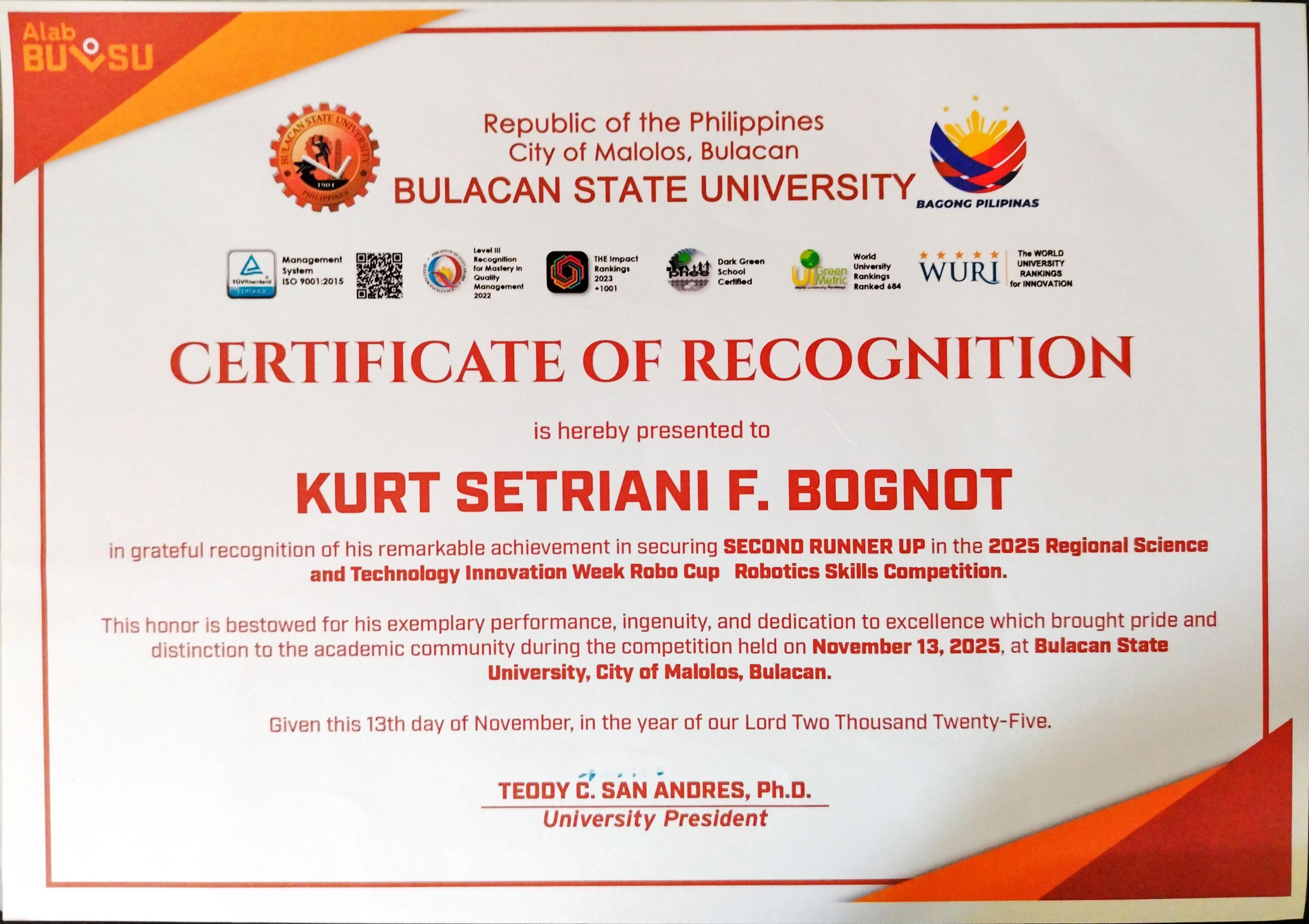 Certificate - RoboCup Robotic Skills Competition
