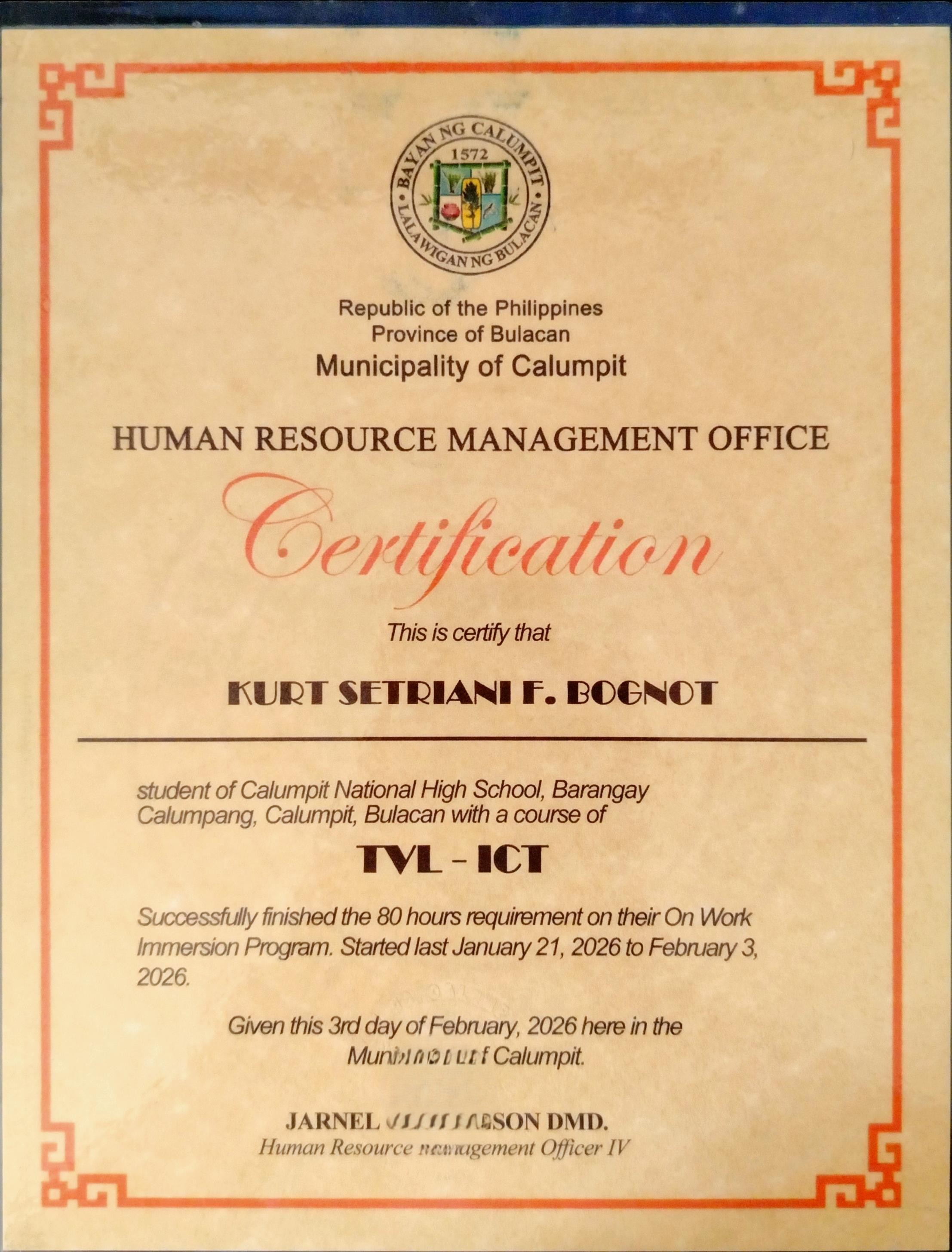 Certificate - Work Immersion